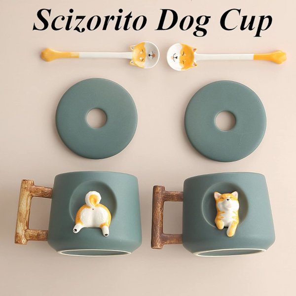 Sød Hundepar Kop, Keramik Kaffe Kopsæt med Låg, Søde Poter på Skeen, Sød Shiba Inu Tredimensionelt Design, med Mat Tekstur Green Tail