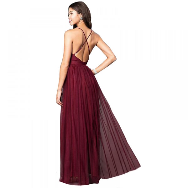nt Open Back Mesh Flowing Slim Waist Sling Kjole (Vinrød S)