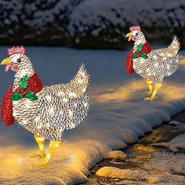2 stk. Lysende kylling med skjerf RGB Akryl lysende kylling Lyste kylling julepynt for bakken plen dekor