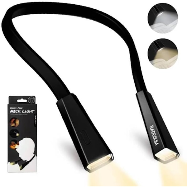 LED-halslampa för läsning, laddningsbar, multifunktionell boklampa för läsning i sängen och camping, 4 ljusstyrkenivåer, böjbara armar, supermjuka material Black