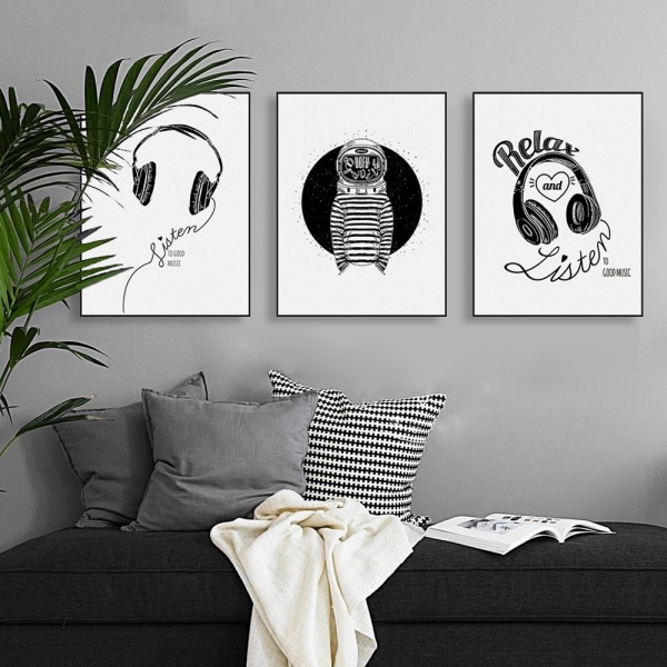 Rockmusik væg kunst lærred print plakat, enkel mode sort og hvid kunst tegning