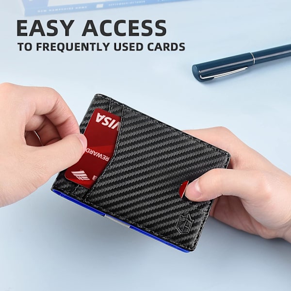 Slim Plånbok för Män Present 12 Kortplatser ID-Fönster med Pengaclip Minimalistisk RFID Främre Fickan Bifold Läder Liten Tunn Presentask Pappa Födelsedag Christ Carbon Black and Blue
