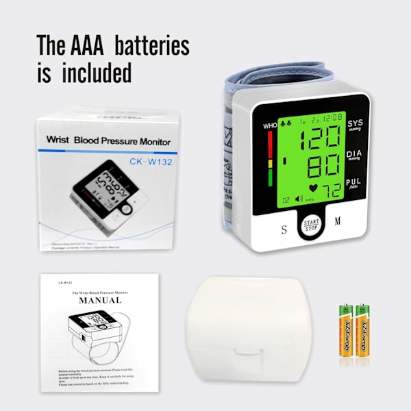Handledsblodtrycksmätare, handledsmanschettmonitor automatisk handledsband digital justerbar hem BP med stor LCD-display blodtrycksmätare, lagrar Black