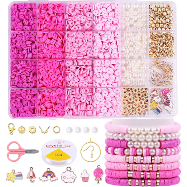 3500 stk. lyserødt lerperlesæt til armbåndsfremstilling, polymer Heishi-perler til smykkefremstilling, venskabsarmbåndssæt til piger og voksne, afstandsperle Pink