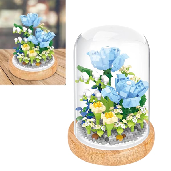 Växtbyggstenar Miniatyr DIY Byggstenar Bukett Krukväxter Prydnader Dekoration Leksaker med Skyddande Överdrag Blue Enchantres