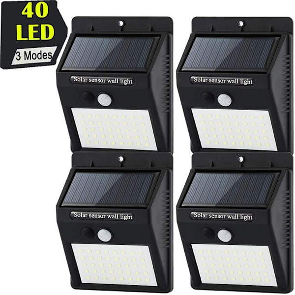 Utomhus solcellslampa, [4 LED-paket] MED RÖRELSEDETEKTOR, 3 SOLFLÄCKSLÄGEN SÄKERHETSTRÅDLÖS LÖSNING LÅGLAMP FÖR TRÄDGÅRD