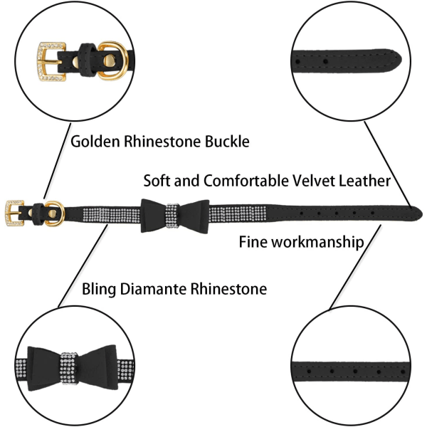 Crystal Hundhalsband med fluga Rhinestone Valphalsband Bli Black 30x1.5cm