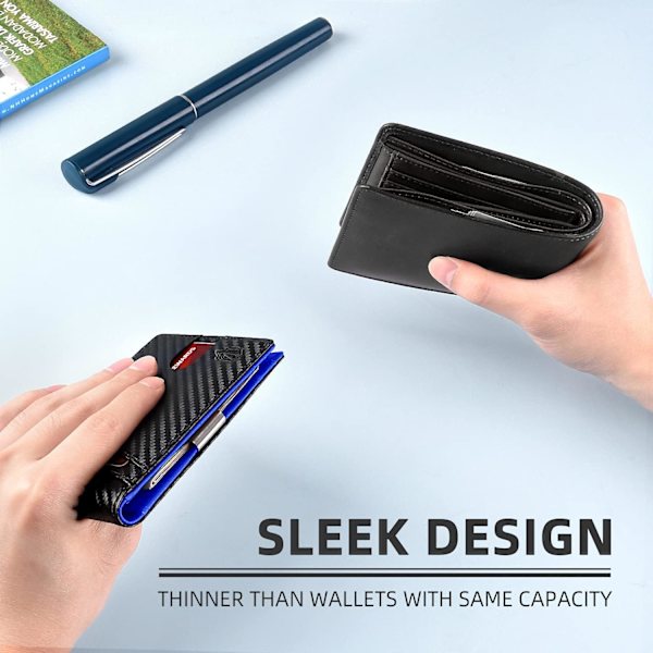 Slim Plånbok för Män Present 12 Kortplatser ID-Fönster med Pengaclip Minimalistisk RFID Främre Fickan Bifold Läder Liten Tunn Presentask Pappa Födelsedag Christ Carbon Black and Blue