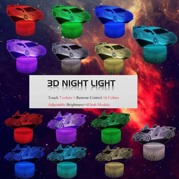 3D Nattlys Racingbil (3 mønstre), Optisk Illusjon LED La