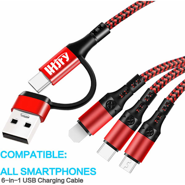 Multiladdningskabel (3-pack, 1,2 m) 6 i 1 USB A/C till USB C/Micro USB/i-P-kontakt Flera laddningskablar för mobiltelefon/IP/Galaxy/PS/iPads och mer