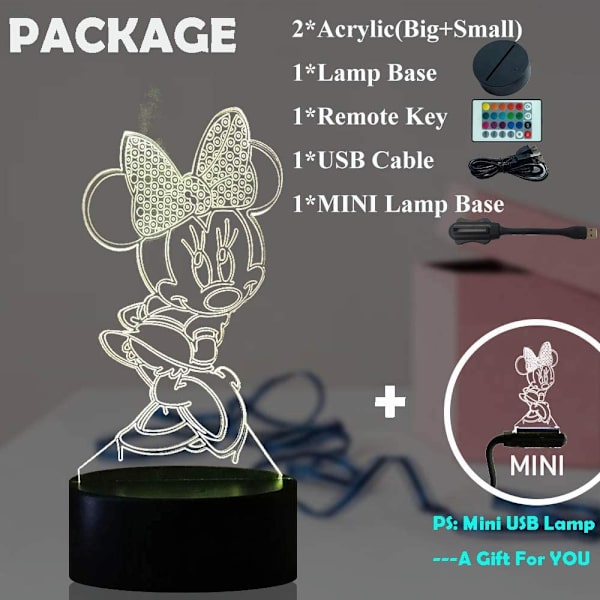 Minnie Mus & Musse Musse Fee 3D LED Nattelys Mickey Venn Figur USB Berøring Fjernkontroll 16 Farger 4 Moduser Auto-Endring Gutterom Dekor Barn Soverom Nattbord Lava