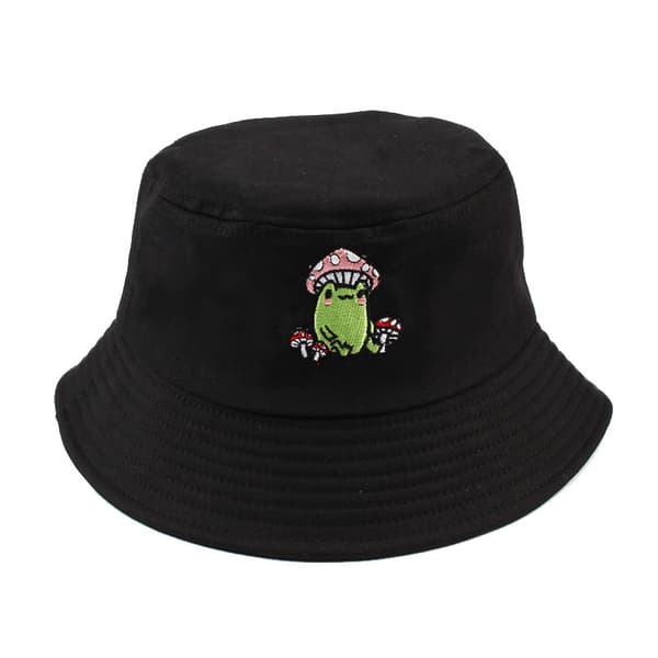 Svampbroderad hinkhatt tecknad solhatt Black