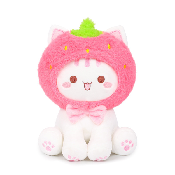 Söt Jordgubbs-Katt Plyschleksak 10\" Kawaii Kattunge Fylld Djur, Katt Jordgubbe Plushie Kudde Present till Barn Strawberry Cat