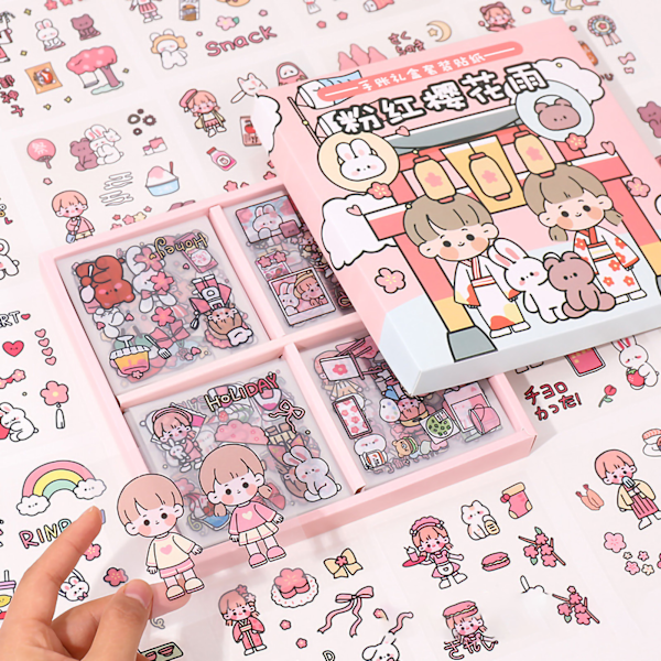 Notebook Sticker 100 Pieces Delicate Cute Cartoon Pattern DIY Boxed Stickers for Scrapbooking Diary Cards Crafts Pink Sakura Rain(PET Waterproof)