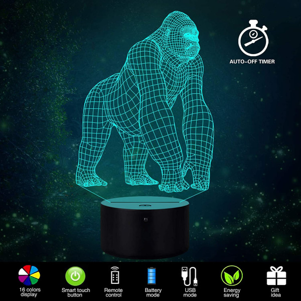 3D Gorilla Lampa Stämningslampa 16 Färger Barnkammare Nattljus Illu