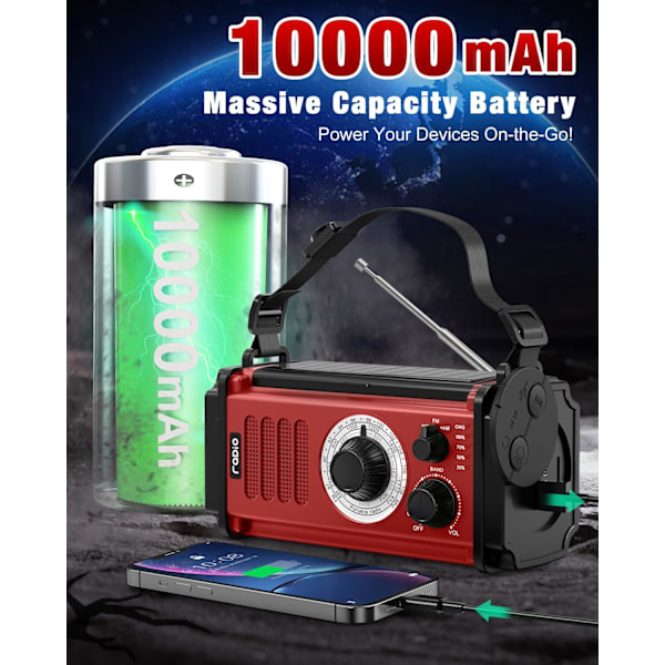 Nødradio, Solradio, 37000mWh håndsvingradio, NOAA AM FM vejrradio, 5 opladningsmetoder, polymerbatteri, lommelygte & læselampe, SOS-alarm Red