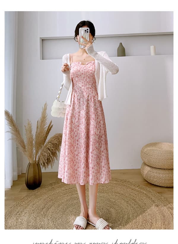 Ermeløs Chiffon Kjole med Stropper for Kvinner (Rosa M)