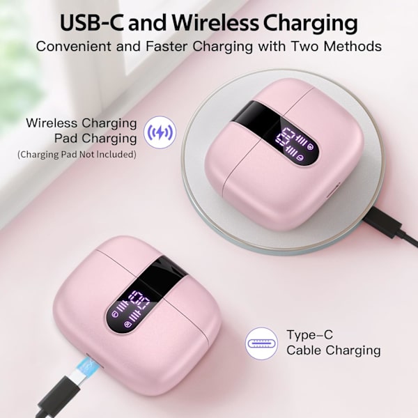 Bluetooth-kuulokkeet True Wireless -nappikuulokkeet 60 tunnin toistoaika LED-virranäyttö Kuulokkeet langattomalla latauskotelolla IPX5-vedenpitävät korvanappikuulokkeet M:llä Pink
