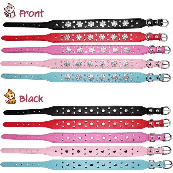 Söt PU-läder hundhalsband - Rhinestone blommönster nitar Black 37x2.5 CM