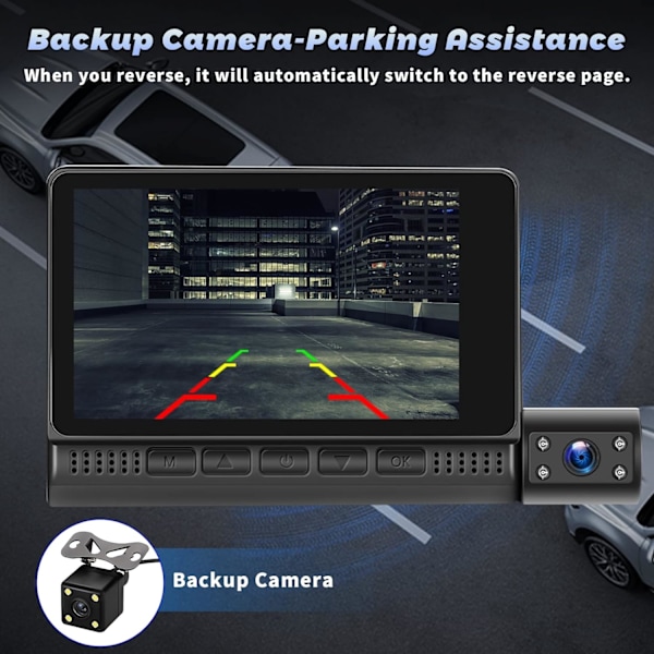 3-kanals dashcam fram och bak inuti, 4 tum 1080P dashkamera för bilar trevägs trippel bilkamera med IR-nattseende, loop-inspelning, G-sensor