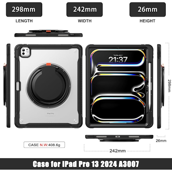 iPad Pro 11 tommer Deksel 2024 M4 Chip Lett Dobbeltlags Beskyttende Nettbrettdeksel, Slitesterke Sh0ck-Absorberende Hjørner med 360° Rotasjon Black iPad pro11 2024
