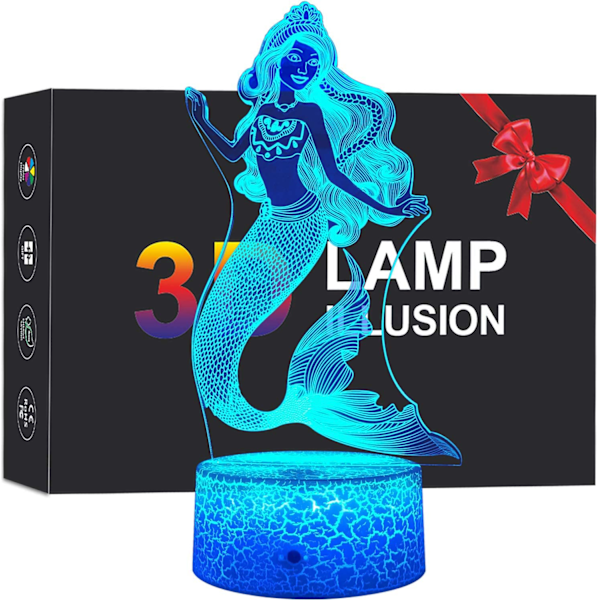 Havfrue 3D Lampe Nattelys for Barn med Smart Berøring & Fjernkontroll 7 Farger + 16 Farger Skiftende Dimbar Havfruegaver