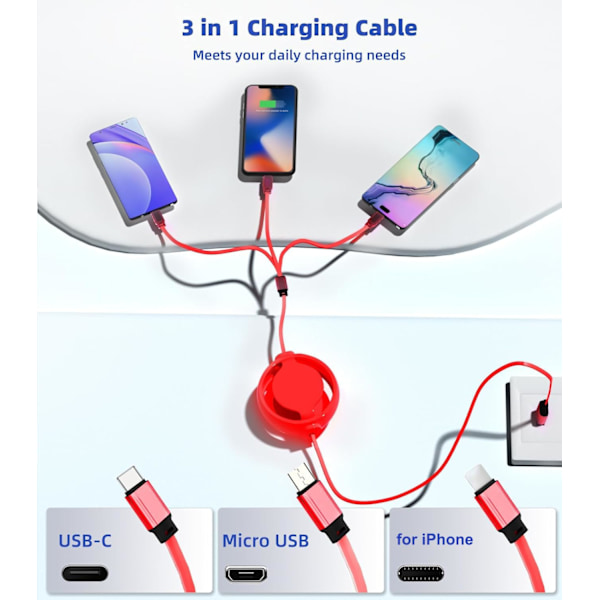 3-i-1 Retraktil Laddningskabel [3A, 1m] Multi USB-kabel Snabbladdare för Telefon, Samsung, iPad, Surfplattor, Switch och Mer Red