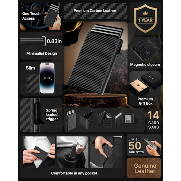 Plånbok för män med kortfack: Pop-up aluminiumfodral, äkta läder, smart, RFID-blockering, slimmad, minimalistisk, framficka - Kapacitet för 9-14 kort | ID-fönster Carbon Fiber Black