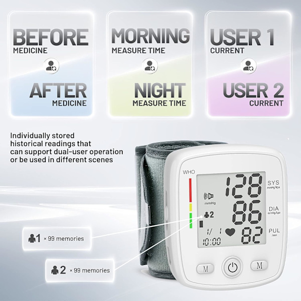 Handledsblodtrycksmätare Digital BP-mätare Uppladdningsbar BP-maskin med 2x99 avläsningar Minne Stor LCD-skärm Röstutsändning Bärbar väska White