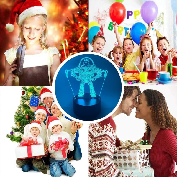 Toy Story Pixar Ultimate Buzz Lightyear Spaceman 3D LED Optisk Illusionslampe for Soverom med Fjernkontroll 7 Farger Astronaut Actionfigur Nattlampe