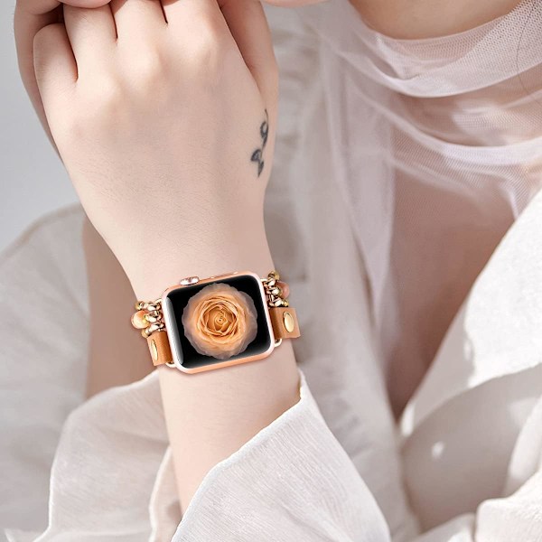 Armbånd i lær kompatibelt med Apple Watch 38mm 40mm 41mm for kvinner, pyntet elastisk smykkestropp med perler for Iwatch S10 & S Brown/Gold