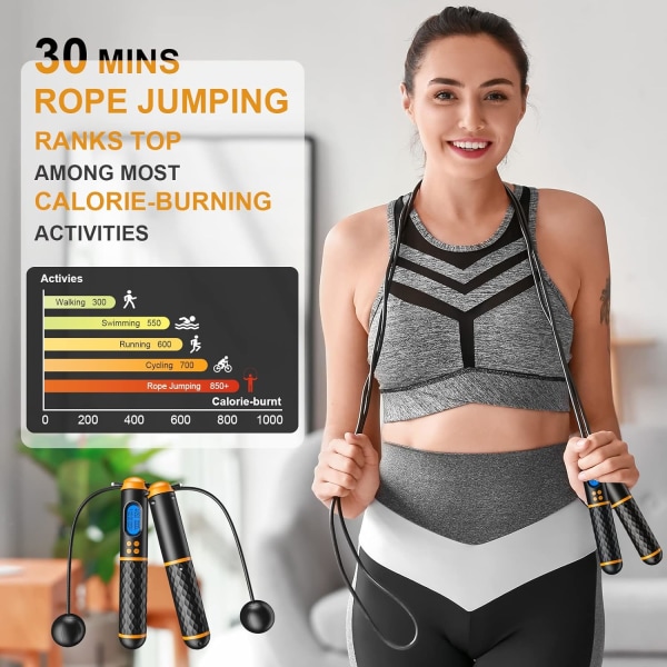 Smart hopprep, Fitness Hopprep med vikt/varv/tid/kalorirekord, Justerbar digital räkning Hopprep för hemgym, Sladdlös Hopprep