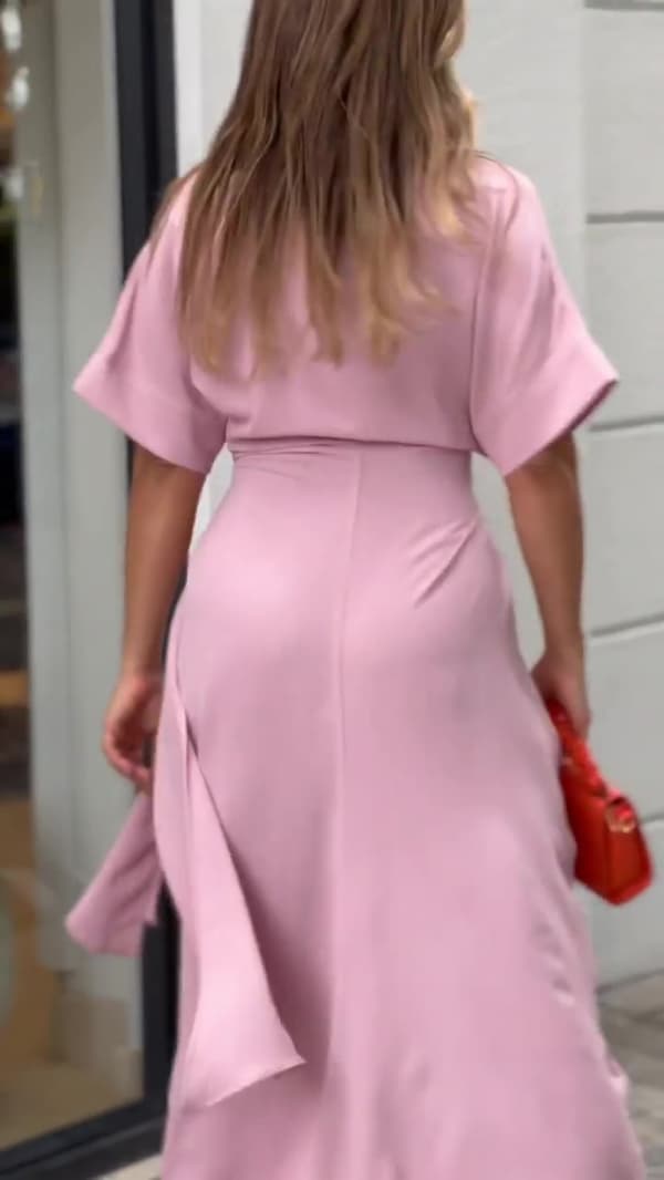 Ditsy Knytefront Knapp Opp Boho Midi T-skjorte Kjoler (Rosa S)