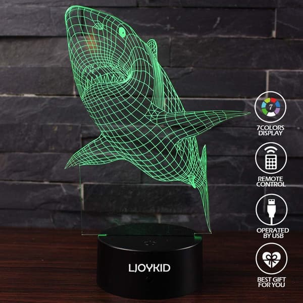 Shark 3D Lamper - Optisk Illusjon 7 Farger Berørings Bordlampe