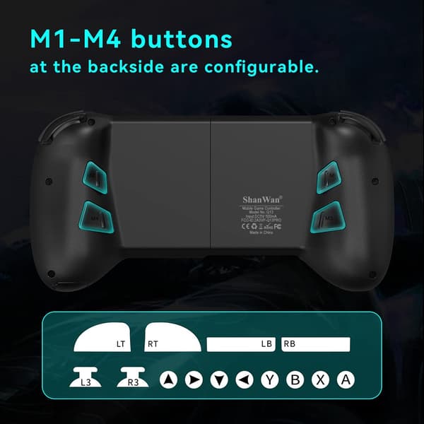 Mobilspilcontroller til Android med 4 kortlægningsknapper, trådløs Bluetooth-gamepad designet til Xbox Game Pass Ultimate, Steam Link, GeForce NOW (F Black