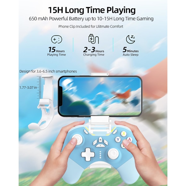 iPhone-kontroller med telefonklämma, trådlös Bluetooth-spelkontroll för iPhone/Apple Arcade MFi-spel/PC/Switch/Steam med makro/lås joystick Sp Blue