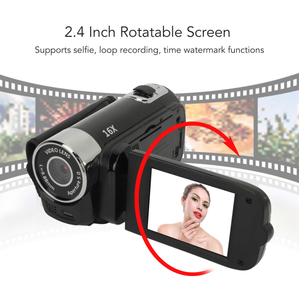D90 1080P 16MP Digitalkamera 2,4 tum roterbar skärm Videokamera 16X zoom HD videobandspelare med fyllningsljus Black