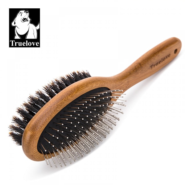 Dog & Cat Brush Slicker Grooming Bamboo Combo Double Sides Elegant Bristle & Round Pin Detangles & Softens Coat for Shedding Short Medium Long Hair R