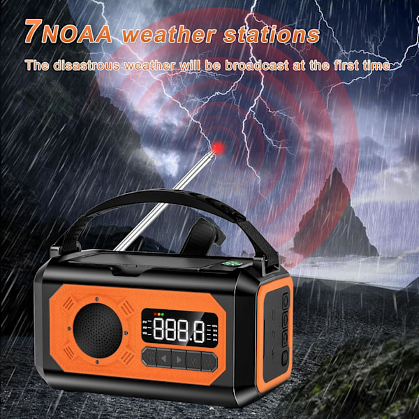 12000mAh Handvev Radio för Nödläge, AM/FM/NOAA, Multifunktionell Solcellsradio, 2 Solpaneler, USB-Laddning, Ficklampa & LED-Läslampa, SOS-Alarm Orange