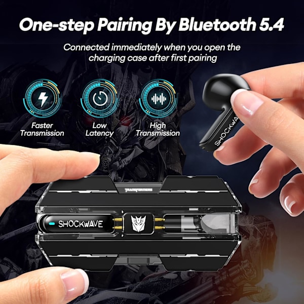 Transformers TF-T01 True Wireless Earbuds Bluetooth 5.4 Hodetelefoner Bass Stereo Øretelefoner, Bluetooth Ørepropp i Øret Støydempende Mikrofon, 60H Spilletid Shockwave