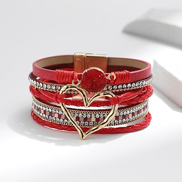 Leopard Armbånd for Kvinner, Boho Lær Wrap Multi-Layer Perle Krystall Armbånd Bangel Smykker Red