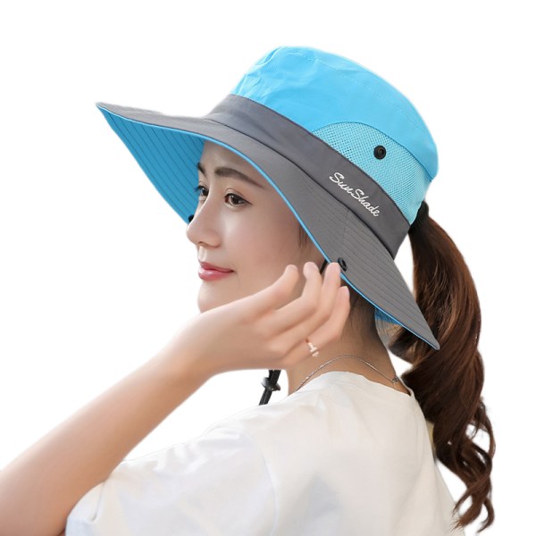 Ponnytail Damhatt för Kvinnor Sommar Sol Bucket Hat UV-skydd Safari E