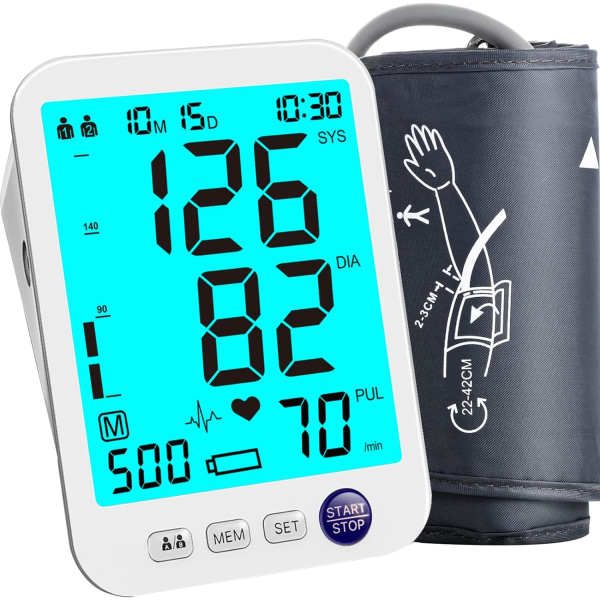 Blodtryksmåler til overarm - Stor LED-baggrundsbelyst skærm - 1000 sæt hukommelse - Automatisk digital blodtryksmåler - Justerbar blodtryksmanchet