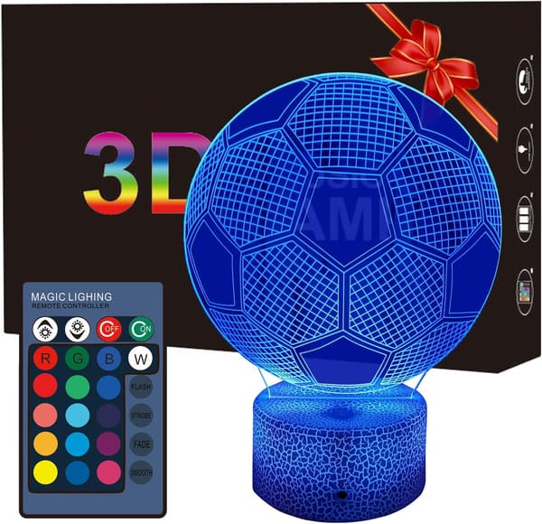 3D Illusion Natlampe, 16 farveskiftende fodboldlampe med