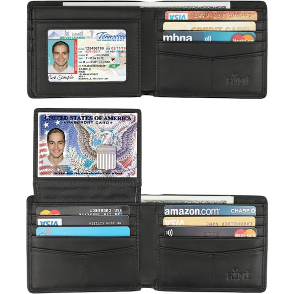 Plånbok för män - Äkta läder RFID-blockerande bifold stilren plånbok med 2 ID-fönster Black