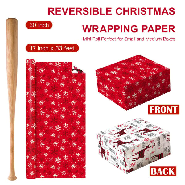 Julegavepapir Mini Rull 17\"x33Ft Rød Hvit Reinsdyr Snøfnugg