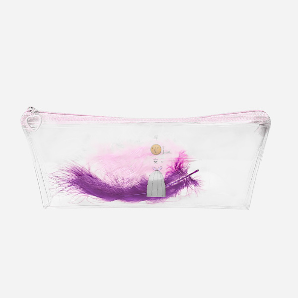 Söt tecknad fjäder dekorativ transparent dragkedja pennfodral (fjäderbrynrosa)
