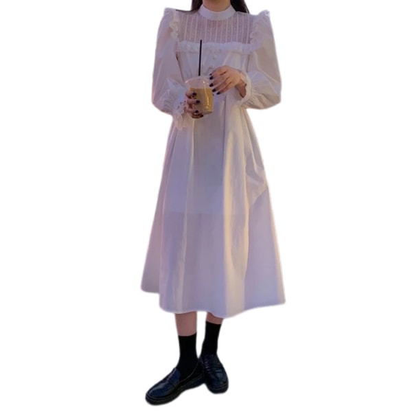 Midiklänning med spets och snörning i midjan, casual och elegant (vit, L)