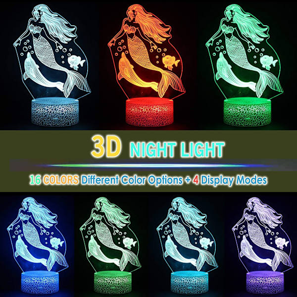 Sjöjungfru 3D Illusion LED Rum Bord Dekorlampa Havsjungfru Natt