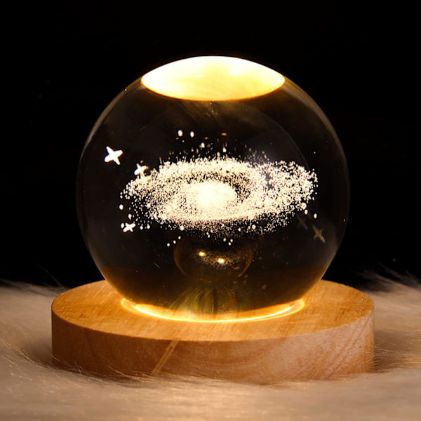 3D Galaxy Kristallkula Nattlampa, LED Solsystem Kristallkula Nattlampa med Träbas, Måne Planet Kristallkula Lampa för Pojkar Flickor Familj Nebula